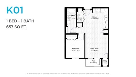 Floor plan for 1 bed, 1 bath, 651 sqft